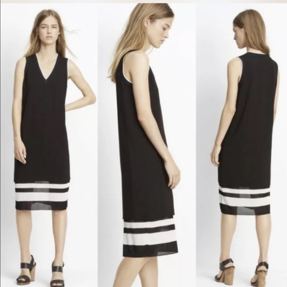 Vince Blocked Stripe Double Layer V-Neck Dress Size 6 Black White #d10